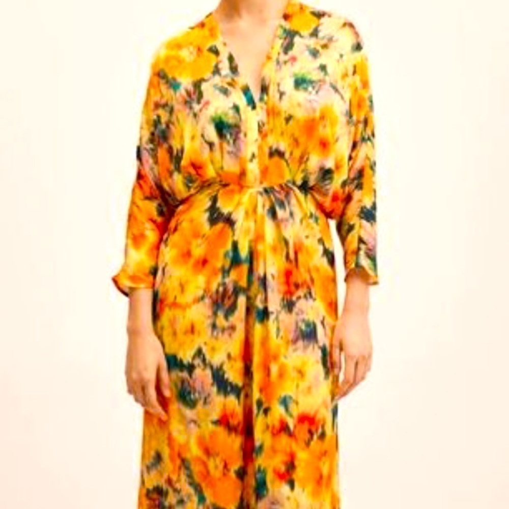 MANGO Flower Patterns Casual Flared V-Neck Long Sleeves Long maxi dress size 2